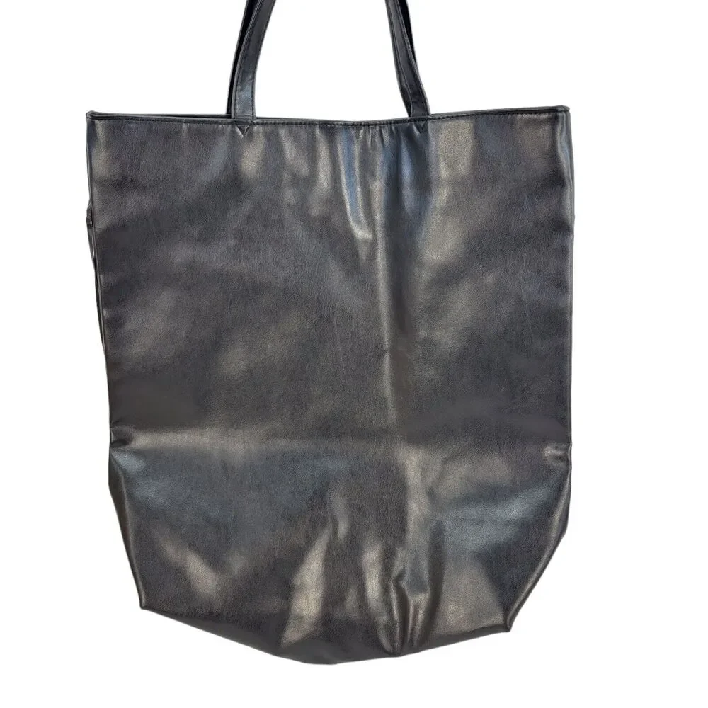 Victorias Secret Womens Black Faux Leather Flirty Fringe Tote Shoulder Bag